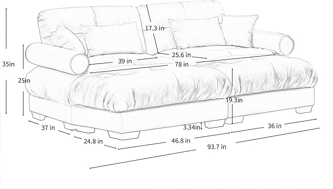 Ball & Cast 93.7" Loveseat Modular Sectional Sofa,Modern Oversized 2 Seater L-Shaped Couch with Round Bolster Armrest,Waist Pillow and Throw Pillows,for Living Room,Home Theater,Apartment,Velvet,Camel
