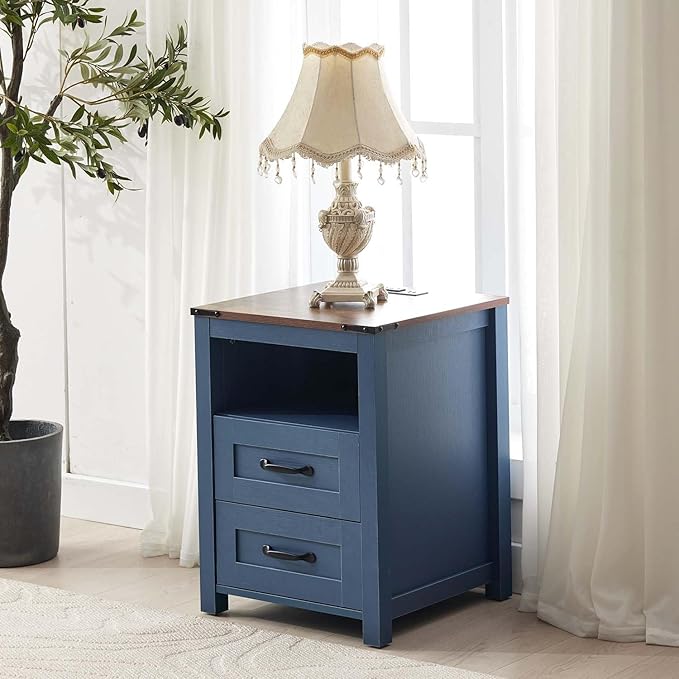 Farmhouse Nightstand Set of 2 with Charging Station & Drawers, Blue Wood Bedside Table, End Table with 2 Storage Drawers & USB Ports for Bedroom, Dorm, Blue