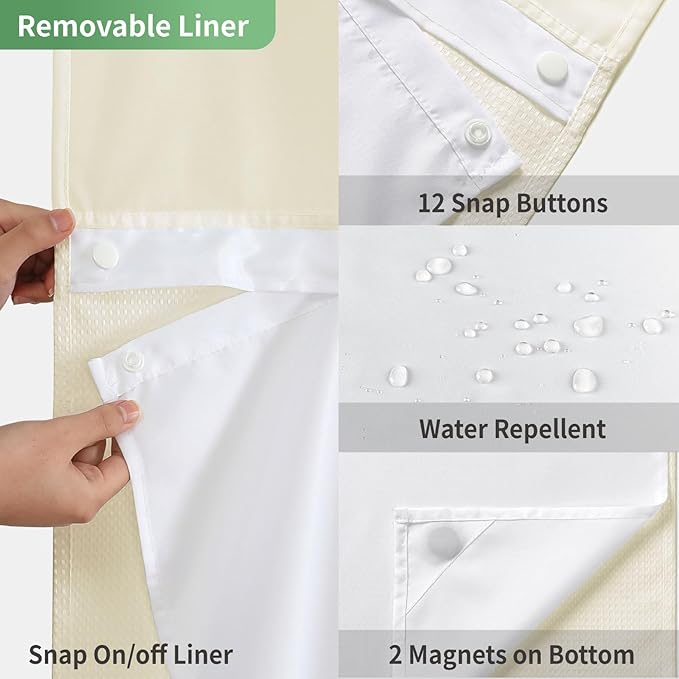 Cream No Hook Shower Curtain with Snap-in Fabric Liner Set,Waffle Weave Shower Curtains for Bathroom,Hotel Luxury Decor Bathroom Curtain Set,Waterproof & Washable,71Wx74H