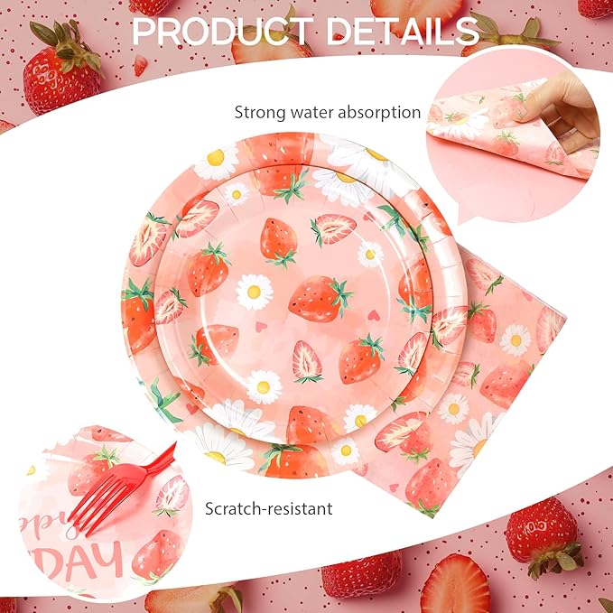 96pcs Kids Birthday Party Disposable Tableware Set Pink Strawberry Pattern for 24 Guests Party Supplies Round Plates（Include Plates, Cups and Napkins）