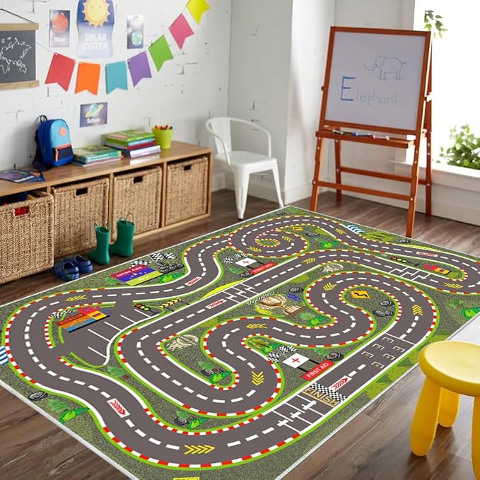 Kids Rug, Race Track Playmat Rugs 118×78 in Kids Carpet with Rubber Backing, Start and Finish line Racing Track Marking Car Road Race 3D Play Mat Nursery Rugs for Children Bedroom Playroom