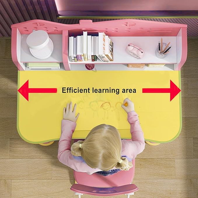 Kids Desk and Chair Set, Height Adjustable Kids Desk with Storage Drawers and Bookshelf, Ergonomic Desk for Kids, Escritorio para NiñOs (Pink)