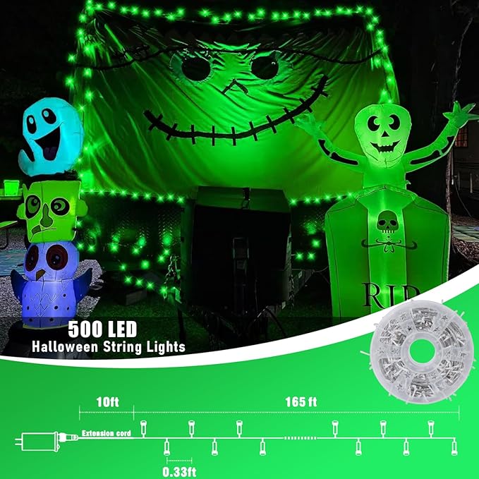 QITONG 165ft 500 LED Green Halloween Lights Outdoor Waterproof, 8 Modes String Lights Indoor, Clear Wire Christmas Light Plug in
