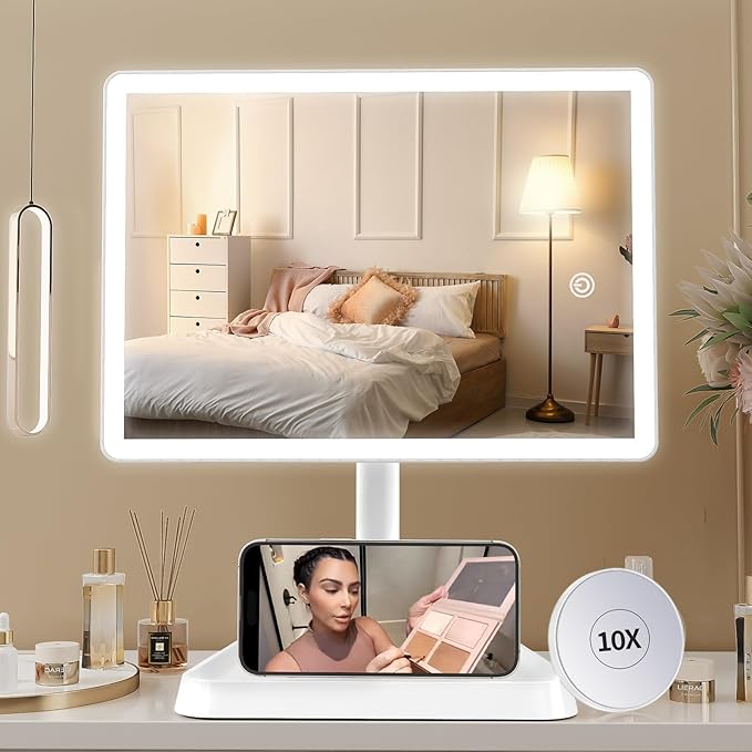 FUNTOUCH Rechargeable Makeup Vanity Mirror with Lights, Large Lighted Desk Makeup Mirror with 96 LED Lights and 10x Magnifying Mirror, 3 Color Lighting, Light up Make up Mirror with Phone Holder