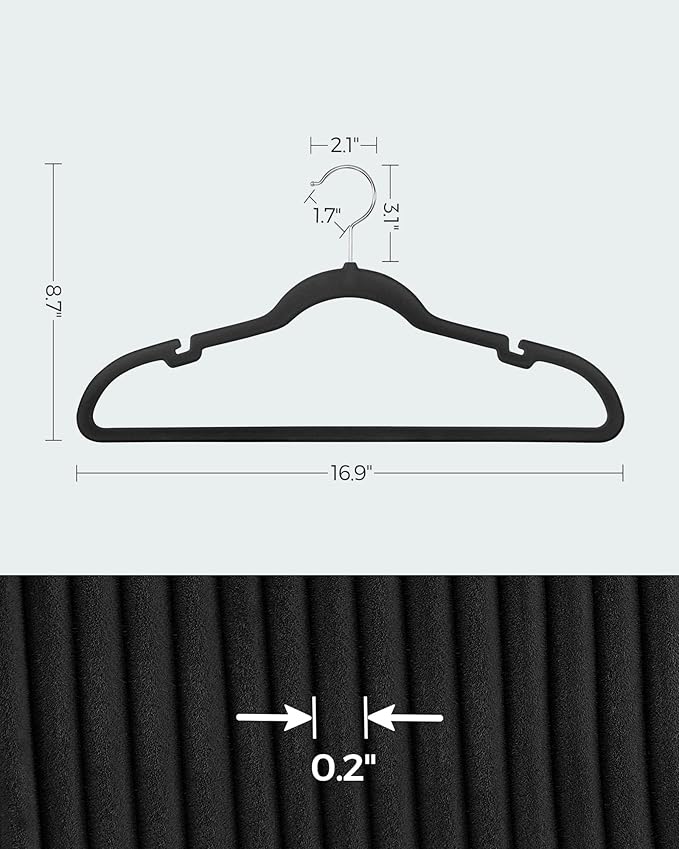 SONGMICS Velvet Hangers 50 Pack, Non-Slip Clothes Hangers, Suit Hangers with Shoulder Notches, Pants Bar, 360° Swivel Hook, Space-Saving, for Closet, Ink Black UCRF029B05