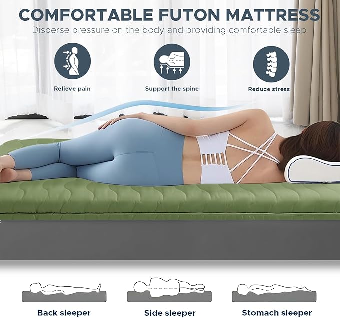 Japanese Floor Mattress, 100% High Density Comfortable Foam, 4" Thicken Foldable Mattress Tatami Mat Sleeping Pad, Ideal for Comfort and Support, Kids Floor Lounger Pillow Bed Sofa, Green, Queen