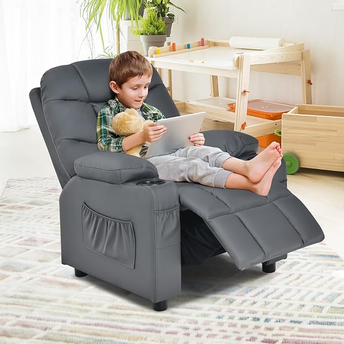 Kids Recliner, Kids Recliner Chair w/ 2 Cup Holders, PU Leather Kids Chairs Compy w/Adjustable Backrest & 3 Pockets, Toddler Furniture Sofa for Boys Girls Aged 3+ (Grey)