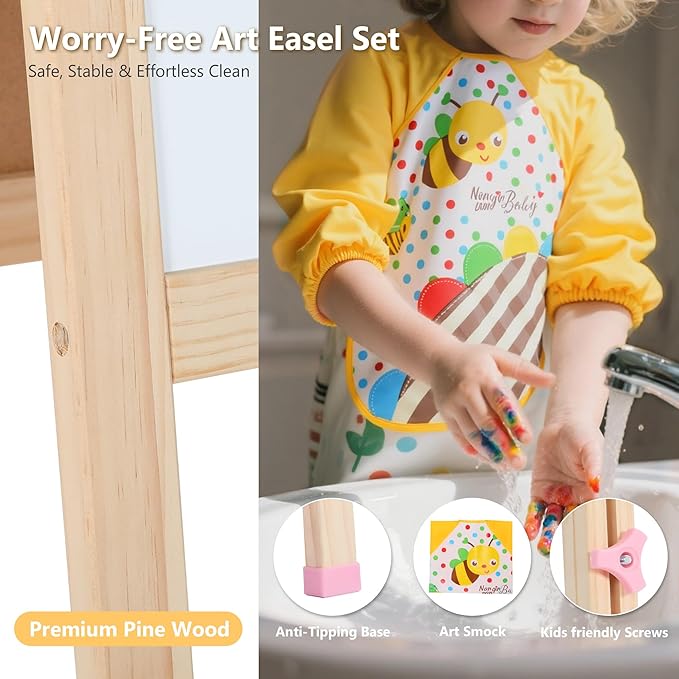 Kinder King 3 in 1 Wooden Kids Easel, Adjustable Double-Sided Art Easel for Kids, Magnetic Whiteboard & Chalkboard, Paper Roller, Art Supplies, Painting Drawing Easel Toddler, Pink