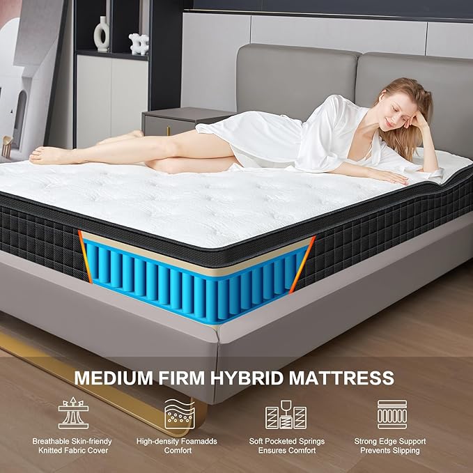 12 Inch Black Queen Spring Mattress,Medium Firm with Gel Memory Foam,Individually Pocketed Coil,Fiberglass-Free Fire Retardant CertiPUR-US Certified,80"*60"*12"