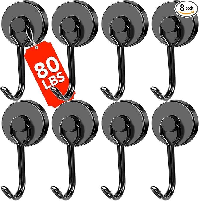 DIYMAG Black Magnetic Hooks, 80LBS Strong Magnetic Hooks Heavy Duty, Strong Magnet Hooks with Metal Hanger for Hanging Refrigerator Home Kitchen Office, 8Pack