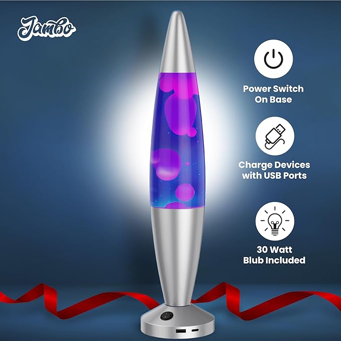 JAMBO Beautiful Liquid Lamp with USB Ports, 16" Motion Light with Blue Liquid Purple Wax, Relaxing Nightlight, Mood Light for Bedroom, Living Room, Office - Adults, Teens, Kids