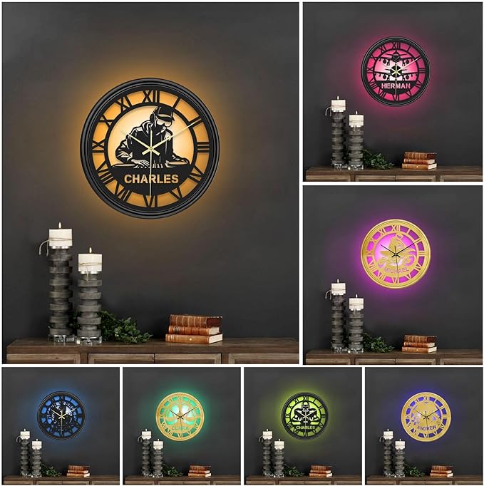 Personalized Name Western Cowboy Wall Clock, Custom Horse Riding Vinyl Record Hanging Clock with 7 Color Changing, Iron Art Clock, Hanging Decor for Bedroom, Living Room, Home, Office, Housewarming