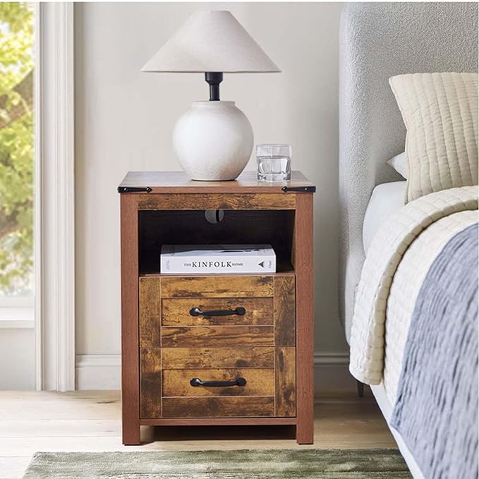 Farmhouse Nightstand Set of 2 with Charging Station & Drawers, Brown Wood Bedside Table, End Table with 2 Storage Drawers & USB Ports for Bedroom, Dorm, Brown