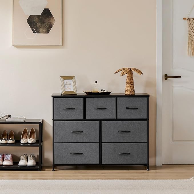 DUMOS Dresser for Bedroom with 7 Fabric Drawers, Chest Organizer Units for Clothing, Closet, Bedroom, Storage Tower with Cabinet, Metal Frame, Wooden Top, Lightweight Nursery Furniture, Grey