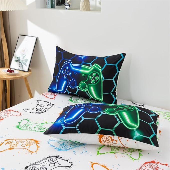 NTBED Game Console Comforter Set for Boys Girls Kids Geometric Lightweight Microfiber Bedding Sets (Blue Green, Full 5Pcs)