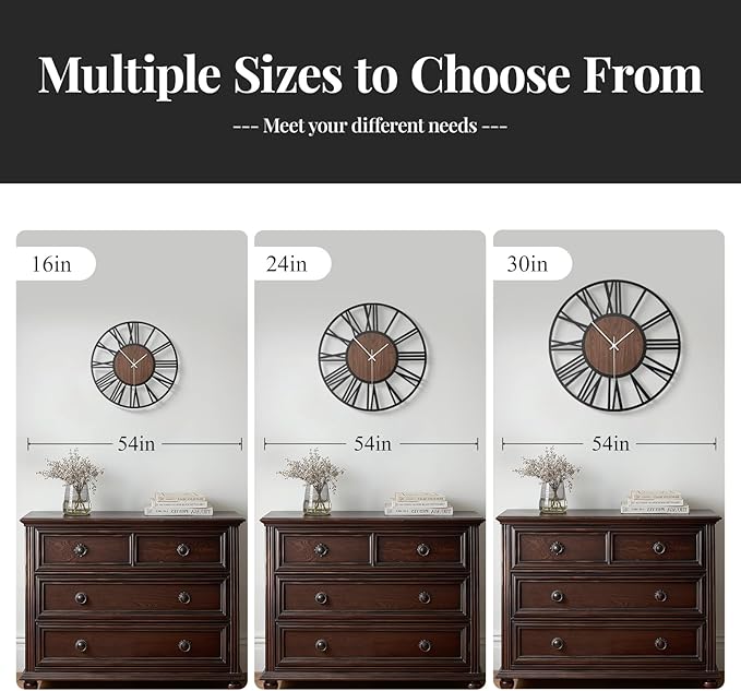 16 inch Wall Clock Battery Operated, Modern Wood Decorative Metal Wall Clock for Living Room, Non Ticking Silent Big Round Black Clocks, Bedroom, Kitchen, Farmhouse, Office Decor-Roman Numerals
