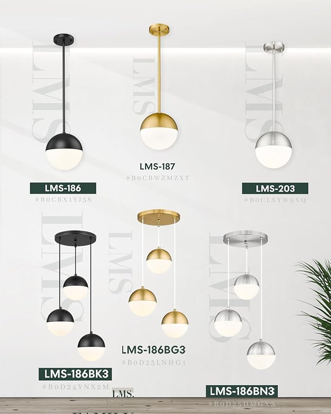 LMS 8-inch Modern Globe Pendant Light Frosted Glass with Black Finish Contemporary Mid Century Adjustable Hanging Light Fixture for Living Room Bedroom Kitchen LMS-186