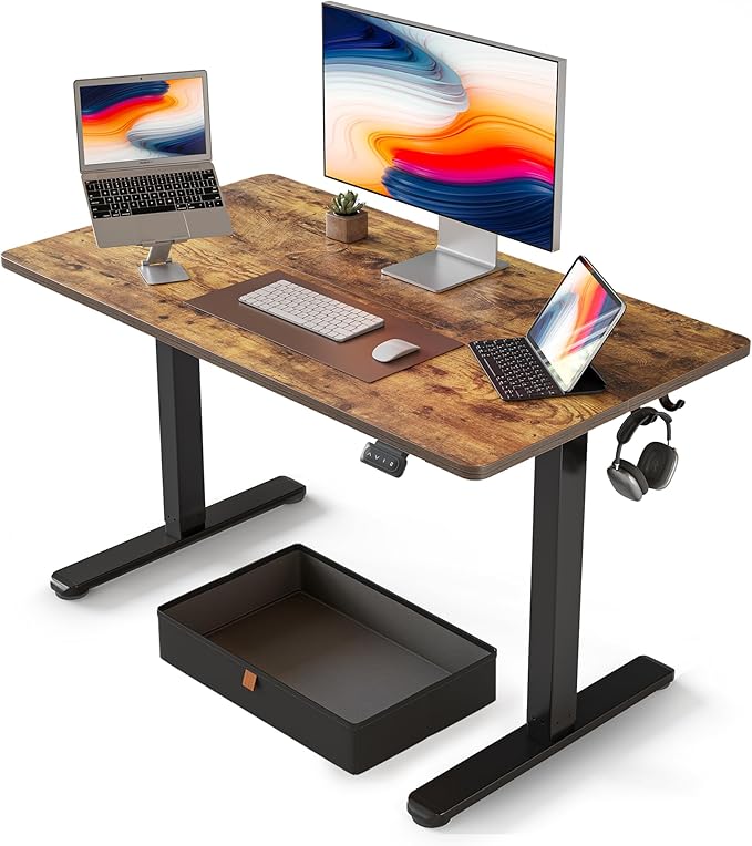 FEZIBO 40 x 24 Inches Standing Desk with Drawer, Adjustable Height Electric Stand up Desk with Storage, Sit Stand Home Office Desk, Ergonomic Computer Desk, Rustic Brown
