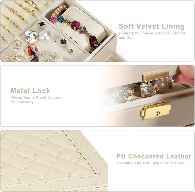 2-Layer Jewelry Box for Women, Jewelry Organizers and Storage with Removable Jewelry Tray, Vintage Quilted Top Lockable Jewelry Holder Gift Idea Apricot
