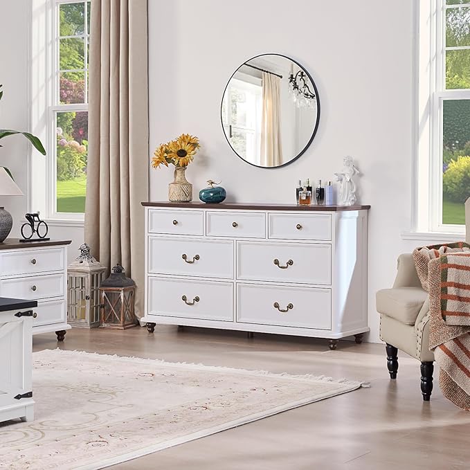 Farmhouse 7 Drawers Dresser for Bedroom, White 54 Inch Wide Chest of Drawers w/ 4 Wooden Legs, Large Vintage Rustic Closet Dressers for Living Room, Wood TV Stand with Storage Organizer