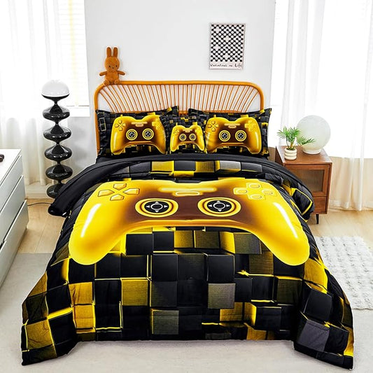 PERFEMET 6 Pieces Queen Bed in A Bag Gamer Black and Gold Boys Comforter Set with Sheets Soft Fluffy 3D Cool Video Game Kids Bedding Set for Teen Girls(Gold, Queen)