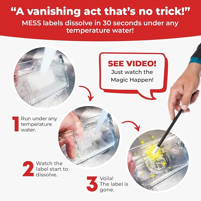 MESS Dissolvable Food Labels, Fill-in, 1x3 200/Roll - Dissolves in 30 Seconds or Less - Removable Pantry, Meal Prep & Food Storage Labels – Canning & Freezer Use