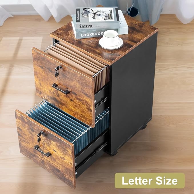 VINGLI 2-Drawer Small Rolling File Cabinet with Lock, Wood Filing Cabinet for Hanging Letter Size Filings with Tabs, Mobile Under Desk File Cabinets for Home Office, Rustic Brown & Black, 27.2" H