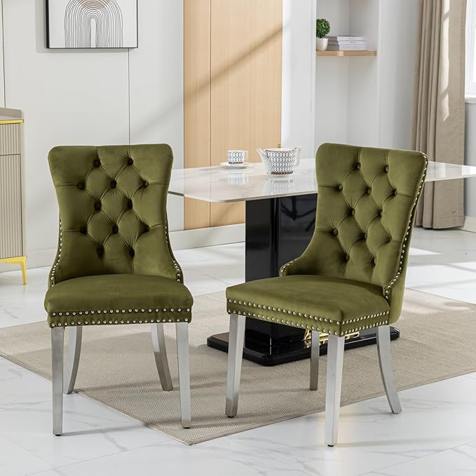 Goujxcy 5 Piece Round Glass Dining Table Set for 4, 47" Round Dining Table & Chair Set Modern Circle Glass Kitchen Table and 4 Velvet Upholstered Chairs for Kitchen Dining (Silver & Olive-Green)