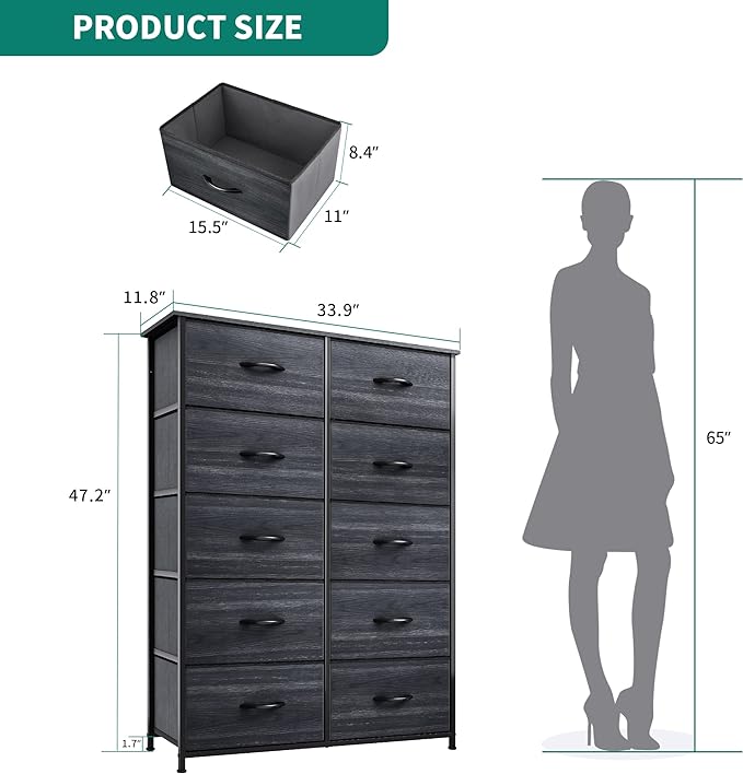 YITAHOME 10 Drawer Dresser - Fabric Storage Tower, Organizer Unit for Living Room, Hallway, Closets - Sturdy Steel Frame, Wooden Top & Easy Pull Fabric Bins