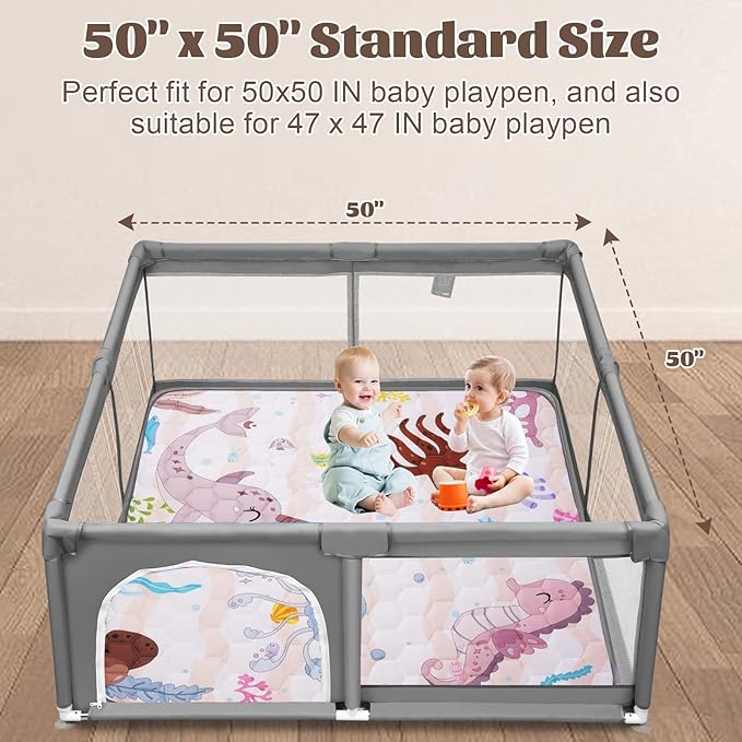 Baby Play Mats for Floor, Premium 50x50 Playpen Mat, Odorless Baby Mat, Soft Padding Infant Play Mat, Non-Slip Cushioned Baby Playmat for Babies, Machine Washable Easy Care (Marine Animals)