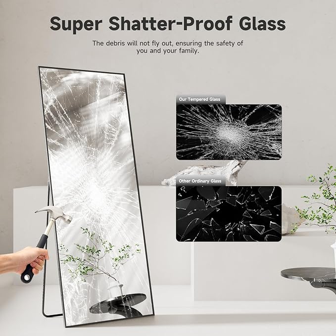 56"x15" Full Length Mirror, Black Tempered Glass Rectangle Floor Standing Mirrors,Wall Mounted Hanging Aluminum Alloy Frame Bedroom Floor