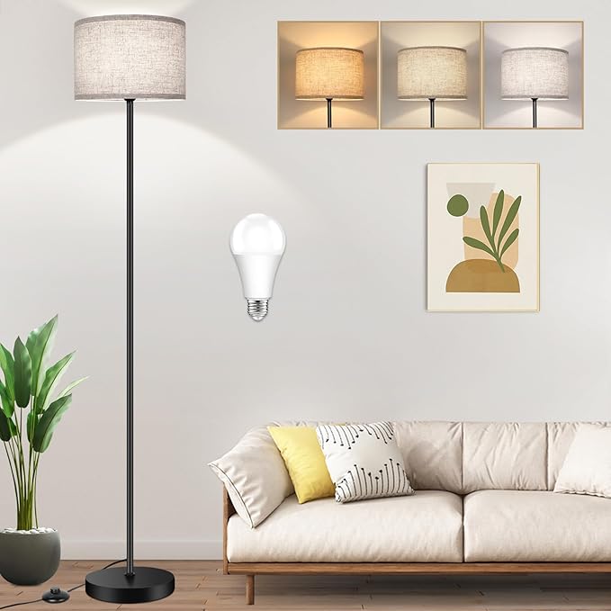 TOBUSA 65’’ Floor Lamp for Living Room Bedroom with 3CCT LED Bulb, Modern Standing Lamp Drum Shade, Standing Lamp with Foot Switch Black Pole, Dimmable Simple Design Stand Up Lamp for Office Reading