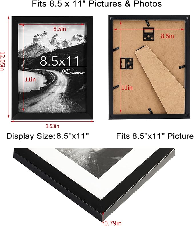 8.5x11 Picture Frames Set of 3, Shatter-Resistant Glass Display Certificate or Pictures 8.5 by 11,To Wall and Tabletop Mounting, black.