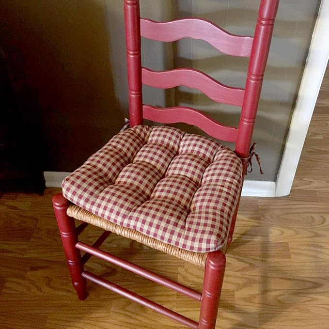 Barnett Home Decor Farmhouse Check Dark Red & Tan Dining Chair Pad with Ties - Latex Foam Fill - 100% Cotton, Made in USA - Machine Washable, Reversible (Red-Tan, Small)