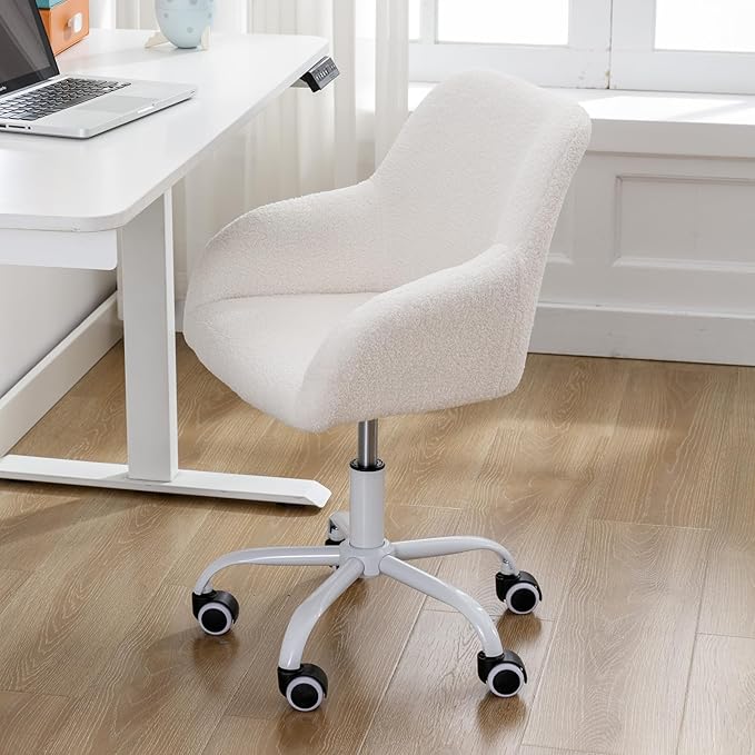 DUOMAY Kids Desk Chair, Faux Fur Upholstered Computer Chair for Boys and Girls, Cute Study Swivel Height Adjustable Arm Chair for Child, White
