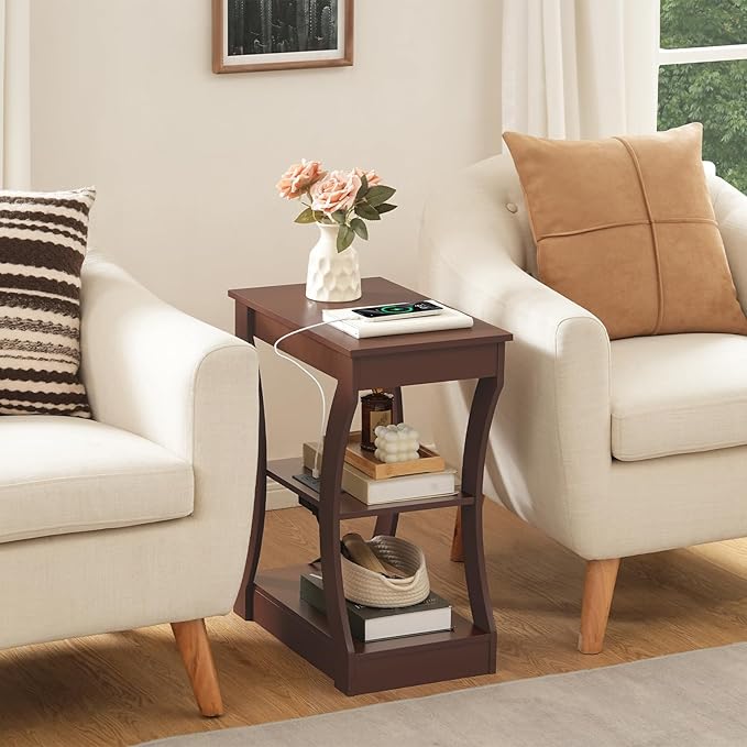 End Table with Charging Station, Set of 2, Side Table with USB Ports and Outlets, 3 Tier Nightstand with Storage Shelf for Small Spaces, Living Room, Bedroom, Cherry ETWA53E01S2