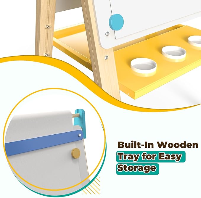 Art Easel for Kids 12 in 1 with Chalkboard & Magnetic Whiteboard - Height Adjustable, Frameless Design, Includes Paints, Brushes, Markers, Chalk, Eraser, Magnetic Letters, Paper Roll, and Storage Tray