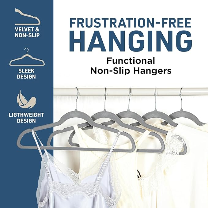 Velvet Non-Slip Hangers - 100 Pieces Non-slip Coat Hanger Set with 360° Swivel Hook, Space-Saving, Sleek Design, Keep Closet Organized, Smooth Velvet Finish, Lightweight Construction - Gray