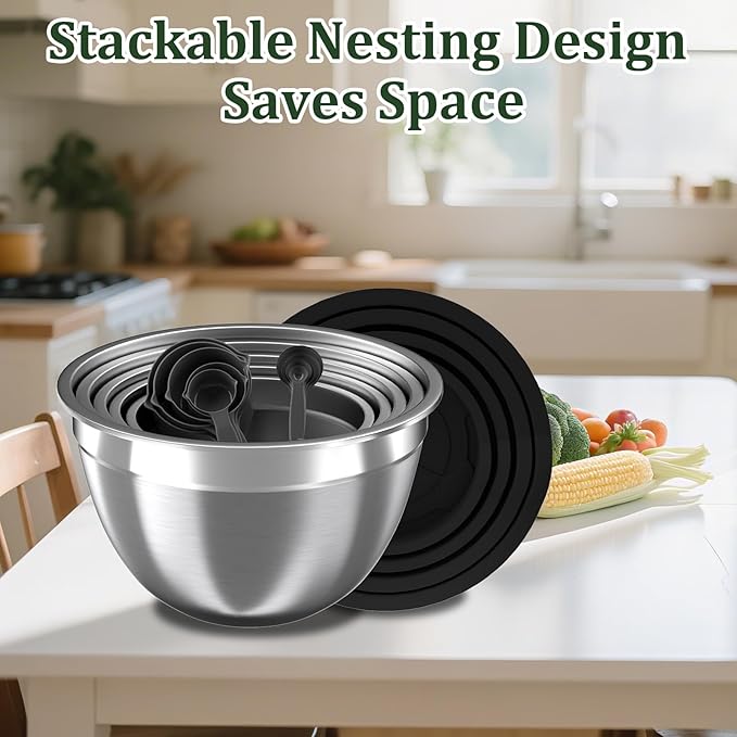 Mixing Bowls with Lids Set, 16PCS Stainless Steel Mixing Bowls,Nesting Storage Bowls for Kitchen with Mixing Bowl, Colander, Strainer & Grater, Metal Salad Bowl for Kitchen Gadgets, Black