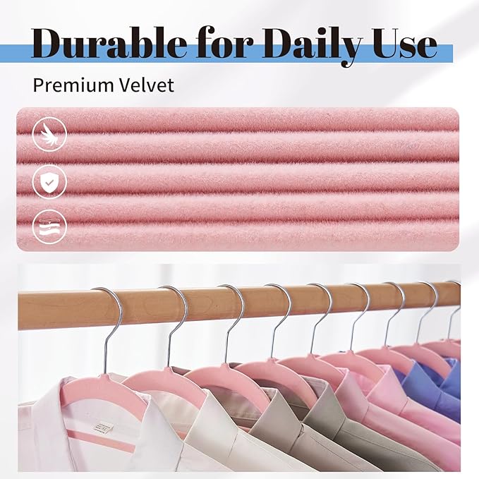 Smartor Pink Velvet Hangers 20 Pack, Space Saving Clothes Hanger with Tie Bar, Non-Slip Felt Hangers with Shoulder Notches, Heavy Duty Suit Hanger for Coat, Shirt, Pants, Dress