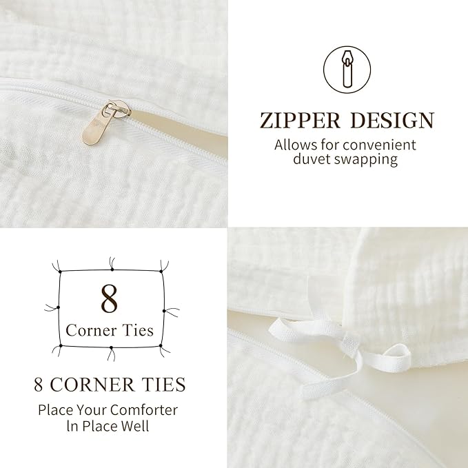 MEISHANG Muslin Duvet Cover Queen Size - 100% Organic Cotton, Soft Textured Gauze Weave Comforter Cover for Breathable All-Season with Zipper Closure - 3 Piece Set (Queen, White)