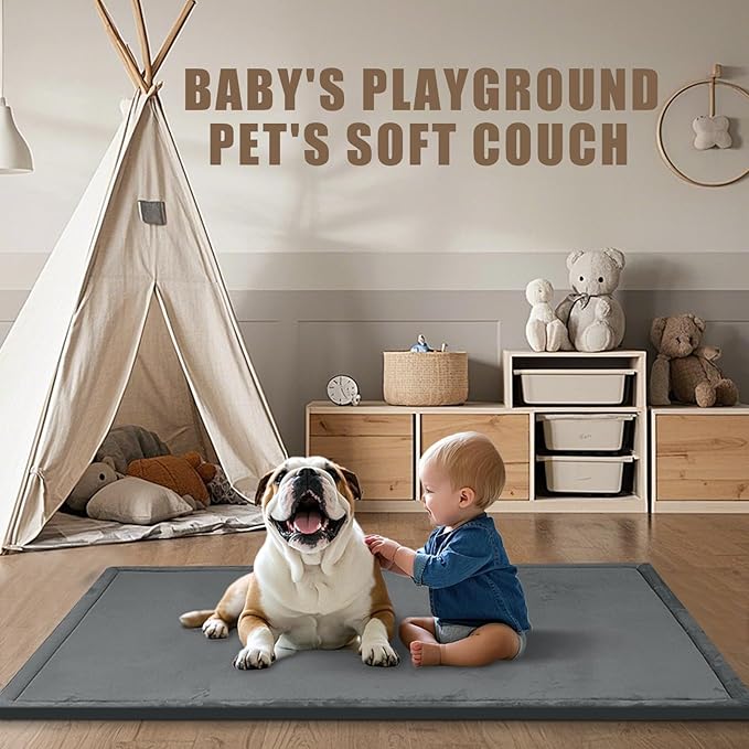 Baby Play Mat for Floor, 1.3" Thick Memory Foam Muscle Playpen Cushion, Soft Coral Velvet Tummy Time Mat with Non-Slip Backing, Water Repellent Child Nursery Rug for Toddlers, Kids (Dark Grey, 39X59)
