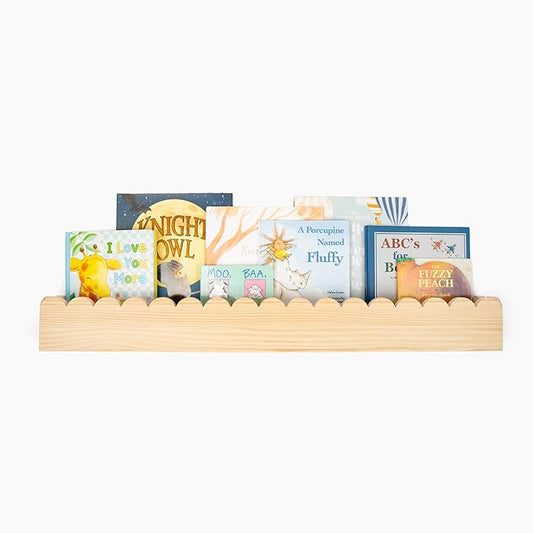 Scalloped Pine Bookshelf for Kids | Preassembled Montessori Wall Shelf | Drop-Resistant, Easy Install, 34" Wide, Nursery & Toddler Room Organizer