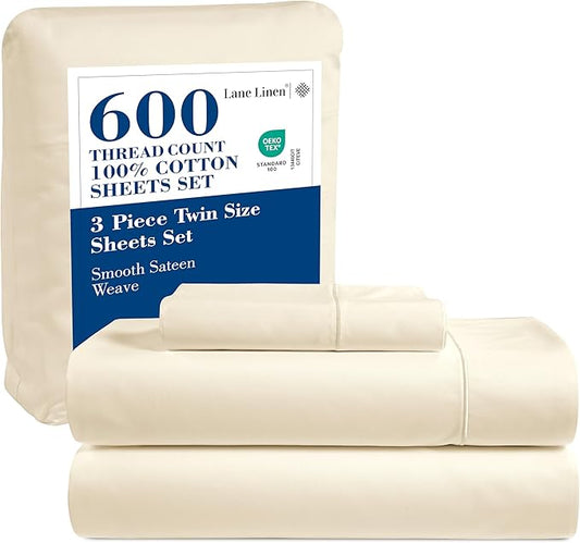 LANE LINEN 100% Cotton 600 TC Soft Twin Bedding Sheets & Pillowcases Set- Sateen Weave Fully Elasticized 15 inch Deep Pocket Twin Sheets, Hotely Like Think Natural Cooling Bedding- Ivory