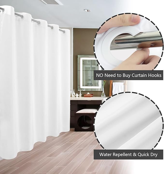 Extra Long No Hook Shower Curtain or Liner Soft Microfiber - 96" Length Fabric Shower Curtain Liner Set, Machine Washable & Water Repellent, White, 71x98