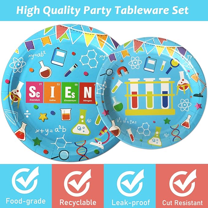 Wiooffen 96 Pcs Science Party Plates Napkins Tableware Set Mad scientist Supplies Disposable Dinnerware Little Scientist Decoration Favors for Kids, 24 Guests