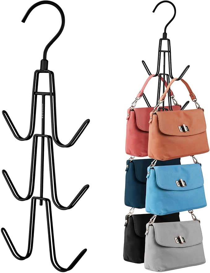 ZEDODIER Purse Hanger Organizer for Closet, Hanging Bag Holder, Keeping Purses Visible and in Good Condition, Metal Handbag Storage Hook Backpack Rack Space Saving Hanger, Black