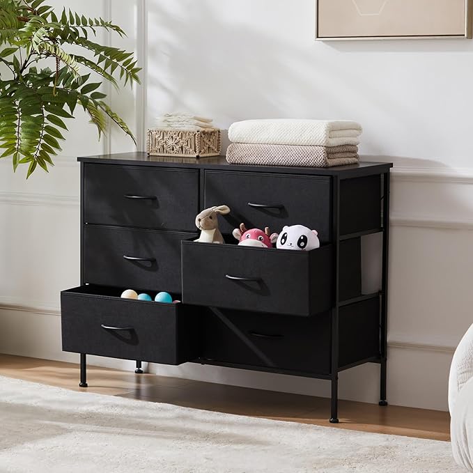 DUMOS TV Stand for Living Room, Dresser for Bedroom Chest of Dresser with 6 Fabric Drawers Storage Organizers Units, Nightstand for Bed, Black