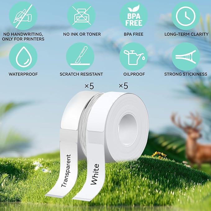D30 P15 HP4 Label Maker Tape Refills, Non-encrypted Replacement Labels, High Definition Thermal Label Tape for Home/Office/School,12x40mm(0.47x1.57 in)1650 Labels/10Rolls, 5 Rolls Clear, 5 Rolls White