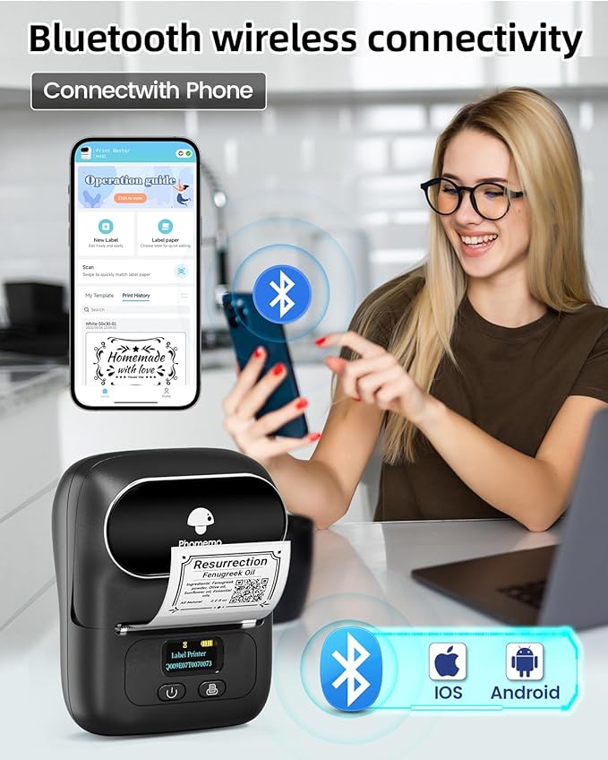 Phomemo Label Maker - M110 Address Label Printer Bluetooth Thermal Printer for Business, Office, School, Home-use, Barcode, Logo, Clothing Labels, with 3 Label Roll, Black